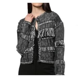 FATE by LFD Black and White Open Knit Collarless Blazer with Fringe, Sz S -- NWT